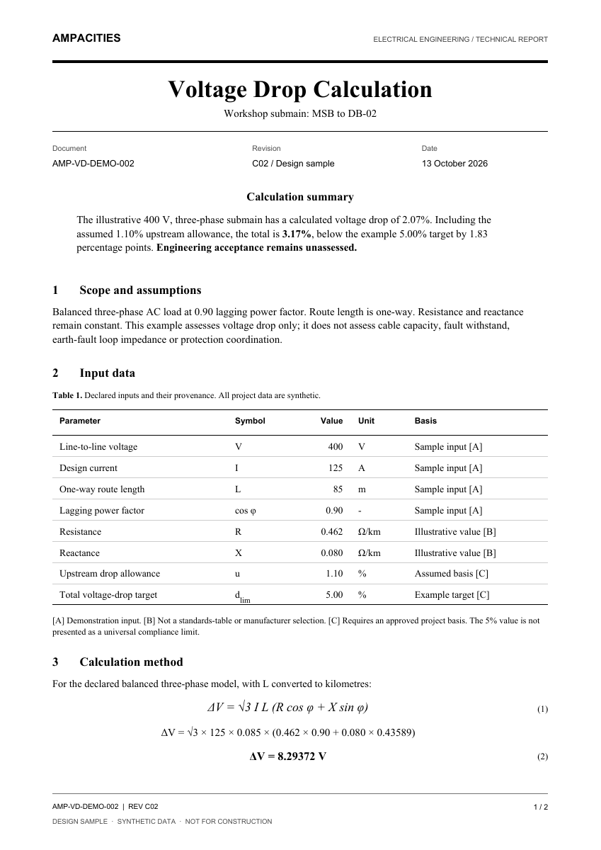 Ampacities voltage drop report with inputs, method and document control